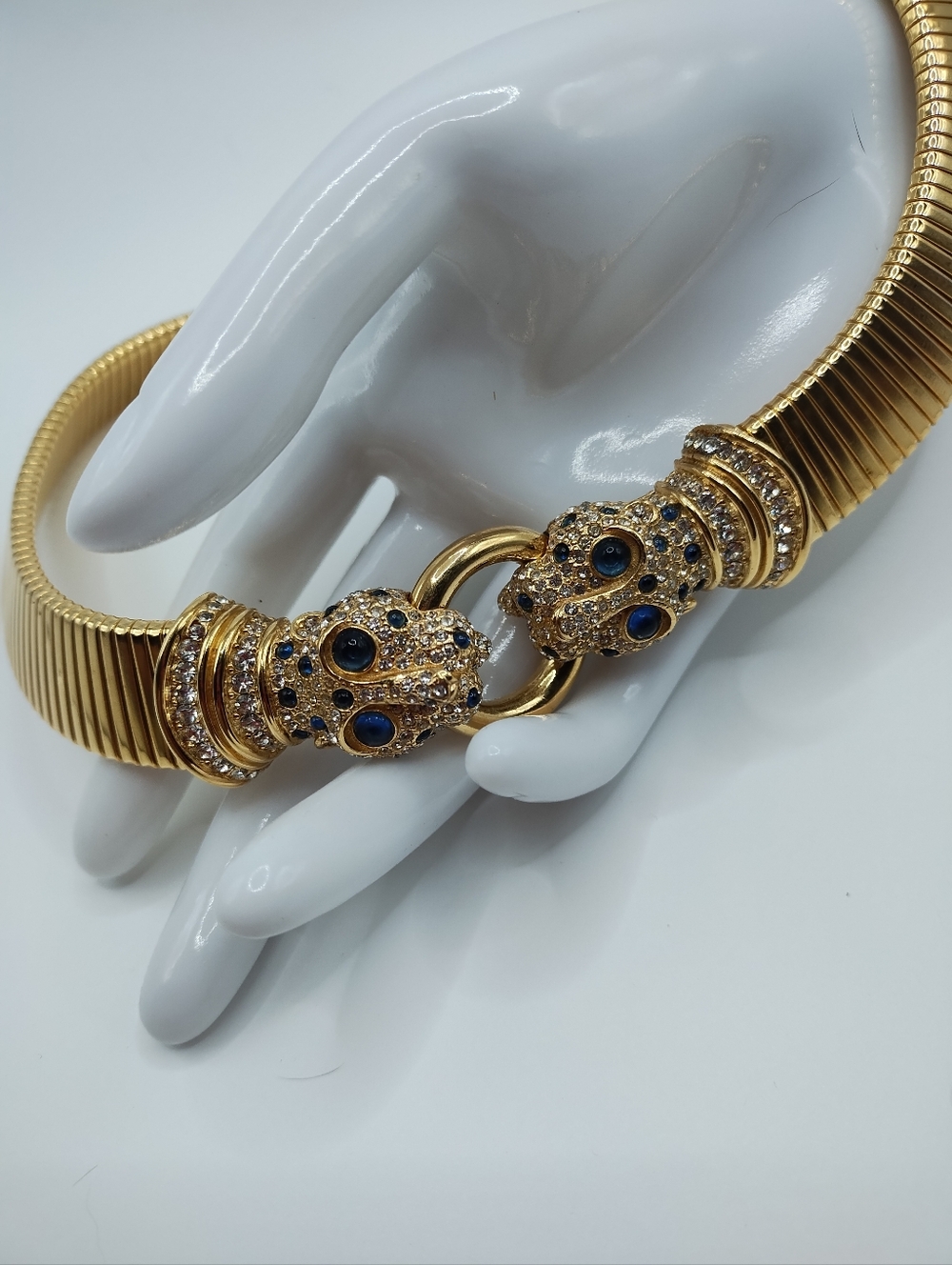 Vintage Ciner Double Panther Omega Necklace With The Rarest Blue Eyes - Picture 5 of 9